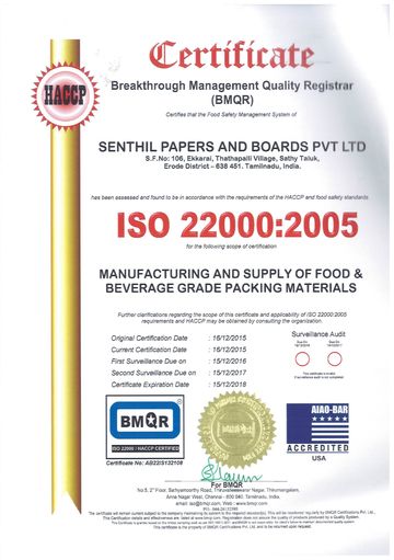 ISO 22000:2005 certificate